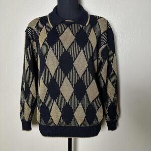 Vintage Alfred Dunner Metallic Argyle Knit Collared Sweater – Black Gold